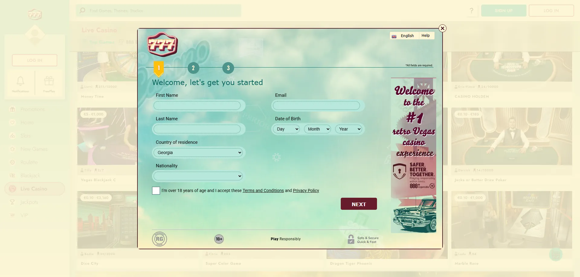 How to enter a 777 Casino promo code during registration